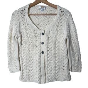 Vtg Talbots Cardigan Medium Open Knit Crocheted White Cottagecore Cotton